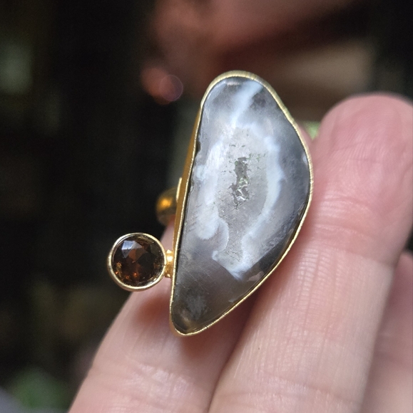 Agate & citrine sterling & gold brushed Ring sz7 adjustable open design - Picture 3 of 9